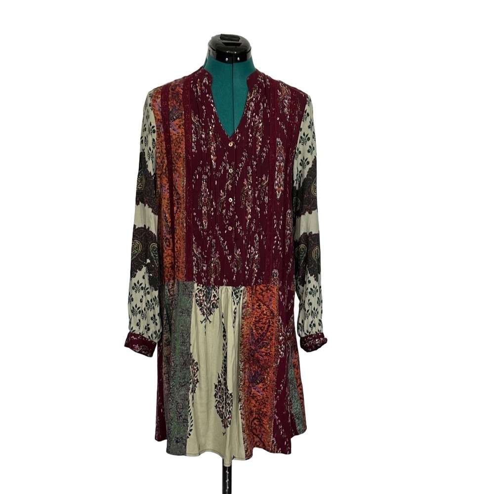 TINY Anthropologie Tunic Dress Patchwork Mixed Print Small Burgundy Boho Paisley